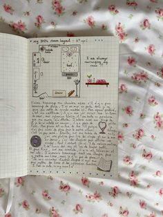 an open notebook sitting on top of a bed covered in pink flowers and writing notes