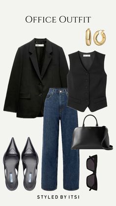 Powerful Woman Outfit, Marketing Job Outfit, Black Jeans Office Outfit, Formal Outfits With Jeans, Black Blazer Outfit Elegant, Business Casual Outfits With Jeans, Bussines Casual Woman Outfit, Office Manager Outfit, Slingback Outfit