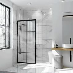 a bathroom with white walls and marble flooring, including a walk in shower next to a sink