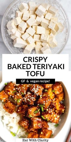 crispy baked teriyaki tofu in a bowl with rice and chopsticks