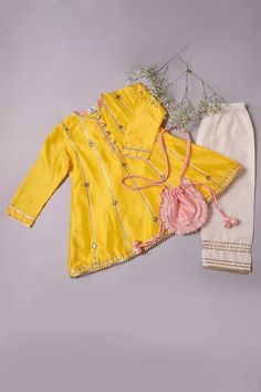 Yellow anarkali with gota embroidery. Paired with a straight pant and pink potli bag. - Aza Fashions Gota Embroidery, Yellow Anarkali, Potli Bag, Potli Bags, Pant Set, Embroidered Silk, Straight Pants, Anarkali, Aza Fashion