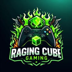 the logo for raging cube gaming is shown in green and yellow flames with two video game controllers