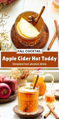 an apple cider hot toddy with cinnamon sticks and apples