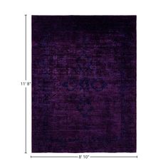 the area rug is shown in purple and has an ornate design on it, along with measurements