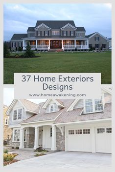 a large house with the words 37 home exterior designs on it's front and side