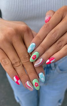 Love Shack Fancy Inspired Nails, Fun Retro Nails, Acyrilics Nails Ideas Summer, Fun Crazy Nails, Summer Nails Funky, Bright Funky Summer Nails