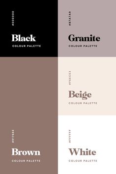 four different color palettes with black, brown, and white text on them in various colors