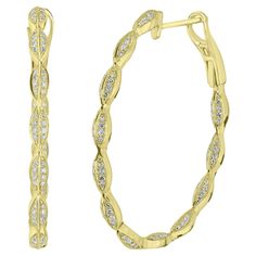 Elevate your look with these exquisite 14K Yellow Gold Diamond Hoop Earrings. Featuring a graceful, Leaf curved design, these earrings are adorned with sparkling round diamonds, each possessing a dazzling GH color and SI1 clarity. Carefully cut in a single cut style, these diamonds maximize brilliance, adding a touch of luxury to your everyday ensemble. Crafted from premium 14K yellow gold, these oval-shaped hoops are both durable and elegant. The earrings are designed with a secure omega back c Modern Hoop Earrings, Gold Diamond Hoop Earrings, Sapphire And Diamond Earrings, White Gold Hoops, Pearl Hoop Earrings, Diamond Hoop Earrings, Princess Diamond, White Gold Band, Antique Earrings