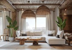 a living room filled with lots of furniture and large windows covered in wicker coverings