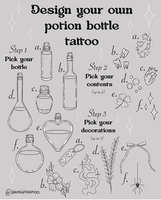 a poster with different types of bottles and labels on it's side, including the words design your own portion bottle tattoo