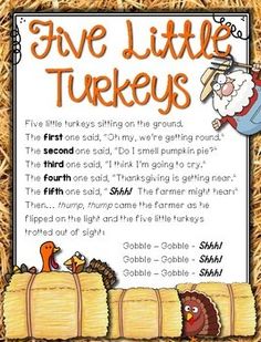 the five little turkeys poem is displayed in front of hay bales with an image of