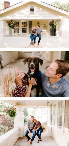 a couple and their dog in front of a white house