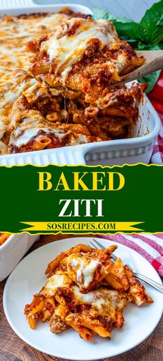 baked zitti with cheese and sauce in a casserole dish on a white plate