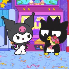 two cartoon characters standing next to each other in front of a storefront with confetti