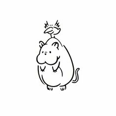 a black and white drawing of a hippopotamus with a bird on its head