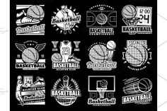 basketball badges and emblems on a black background