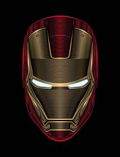 the iron man mask is shown in red and gold colors, with white light coming from its eyes