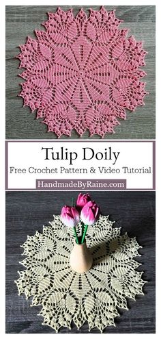 crochet doily with flowers in the center and text overlay that reads tulip doily free crochet pattern & video tutor