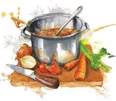 a painting of a pot full of food with carrots and celery next to it