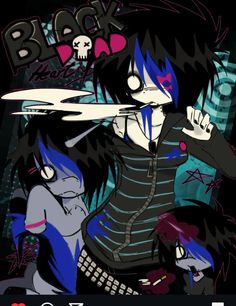 two anime characters with blue hair and black clothes, one holding a knife in the other's hand