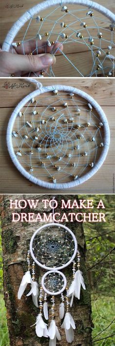 three different pictures with the words how to make a dream catcher in white and gold