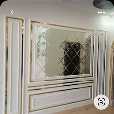 a mirror that is on the side of a wall in front of a door with gold trim