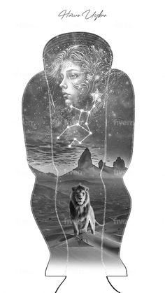 a black and white photo of a woman with her dog on the beach, surrounded by stars