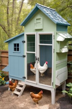 several chickens in a small chicken coop