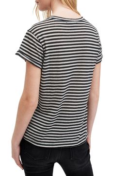 Fall for the relaxed fit of this crewneck T-shirt fashioned from a supersoft cotton blend with allover horizontal stripes. 23" length (size 2) Crewneck Short sleeves 50% cotton, 50% polyester Dry clean Made in Portugal Allsaints Casual Crew Neck T-shirt, Everyday Crew Neck T-shirt With Vertical Stripes, Allsaints Cotton Tops For Summer, Allsaints Relaxed Fit Spring Tops, Allsaints Relaxed Fit Tops For Spring, Summer Cotton Tops By Allsaints, Everyday Horizontal Stripe Short Sleeve T-shirt, Allsaints Casual T-shirt With Graphic Print, Relaxed Fit Crew Neck T-shirt With Horizontal Stripes