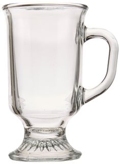 a clear glass mug is shown on a white background, with the handle raised up