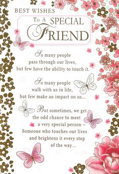 a poem written in pink and brown with butterflies on the border that says best wishes to a special friend