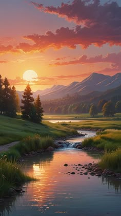 a painting of a beautiful sunset over a mountain valley with a stream running through it