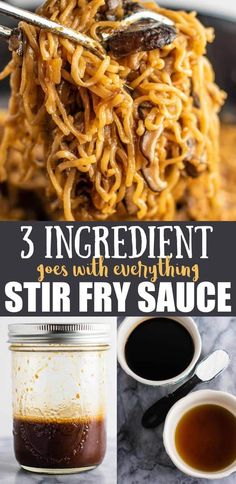 three ingredients for homemade stir fry sauce in mason jars, with text overlay that reads 3 ingredient homemade stir fry sauce