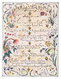 an old manuscript with flowers and leaves on it