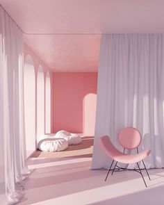 a pink chair sitting in front of a white curtain