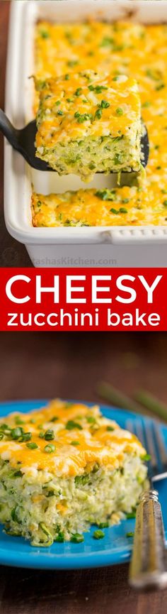 two photos of cheesy zucchini bake on a blue plate