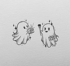 two ghost stickers with one holding a camera and the other pointing at something in its hand