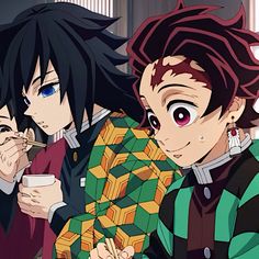 two anime characters are eating food and drinking coffee