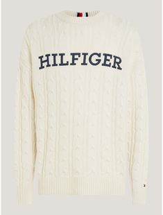 Tommy Hilfiger men's sweater. Our cozy oversized cable knit sweater is spun from a soft lambswool blend and features our woven monotype logo at the chest.  Material: 65% Wool. Pull Tommy Hilfiger, White Desert, Half Zip Jumper, Big And Tall Suits, Tall Sweater, Pull Oversize, Flag Embroidery, Desert Sky