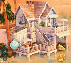 an image of a house on the beach with palm trees and umbrellas around it