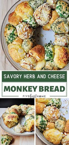 a collage of different types of breads and muffins with the words savory herb and cheese monkey bread