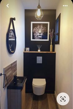 a bathroom with a white toilet sitting next to a wall mounted art on the wall