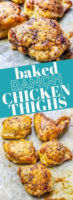 baked ranch chicken thighs on a baking sheet with the words baked ranch chicken thighs above them