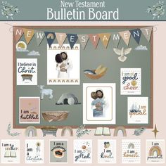 a bulletin board with pictures and words on it that say, new testament bulletin board