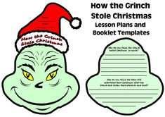 an image of a grin face with a santa hat on it's head and the text how the grin stole christmas lesson plans and booklet