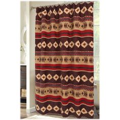 a brown and red shower curtain in a bathroom