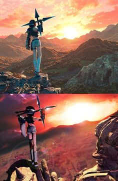 two different views of the same person on top of a mountain, one with an arrow in