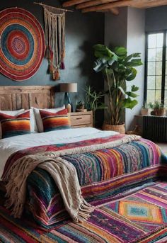 a bed with colorful bedspread and pillows in a room filled with potted plants