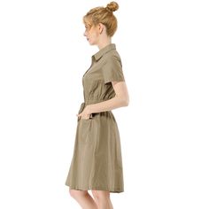 The casual, elegant look of this pretty dress will keep you looking great all the time. The short-sleeve shirt dress is cut with a relaxed silhouette and features a drawstring to cinch in the waist and plenty of practical pockets. Pair it with ankle boots or heels for a chic silhouette. Perfect for spring, summer, and autumn, and it is also suitable for any occasion. Khaki Short Sleeve Relaxed Fit Dress, Khaki Short Sleeve Dress With Relaxed Fit, Khaki Relaxed Fit Short Sleeve Dress, Khaki Short Sleeve Summer Dress, Khaki Short Sleeve Shirt Dress For Spring, Summer Collared Khaki Shirt Dress, Khaki Button-up Shirt Dress For Summer, Summer Collared Shirt Dress In Khaki, Summer Khaki Button-up Shirt Dress