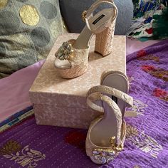 Brand New Platforms By D&G, 100% Authentic. Official Color Is Albicocca But This Is Like A Nude Or A Very Blush Pink. No Issues. Comes With Box (No Dustbag). Material: 17% Cotton, 8% Nylon, 16% Silk, 59% Rayon Heel Is About 4" And The Platform In The Front Platform Part Is 1.5." The Platform Makes This Kind Of Heel Easier To Walk In. Love Them But I Really Need To Downsize My Closet! :) Eu 40 / Us 10 (True To Size - So If You Wear 10 In Most Designer Shoes, These Will Fit) Wood Platform Sandals, Shoes Closet, Shoes Dolce Gabbana, Walk In Love, Dolce Gabbana Shoes, Bow Pumps, Platform High Heels, Lace Bows, Leather Shoes Woman